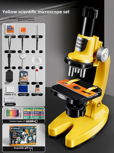 Microscope for elementary school students, battery, sample