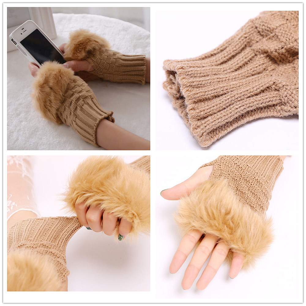 Gestrickte Fingerlose Pelzhandschuhe Für Damen Für Den Winter_voghion.com