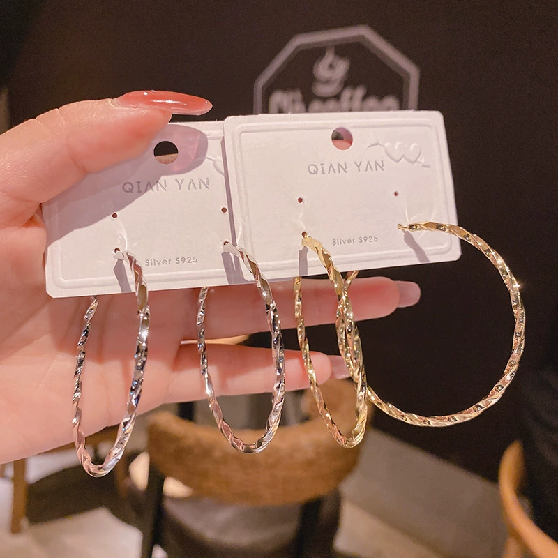 Серьги-кольца с иглой из серебра 925, 5 см, лёгкая люксовая летняя бижутерия