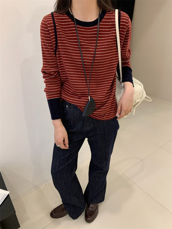 红色条纹长袖T恤女2025秋季大码胖mm时尚设计感显瘦内搭打底上衣|undefined