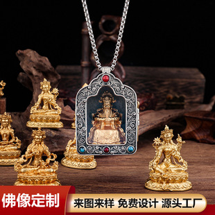 Xizang Brass Buddha Niche Gabu Box with Small Buddha Statues Mini Pendant Ethnic Style Gabu Box Necklace