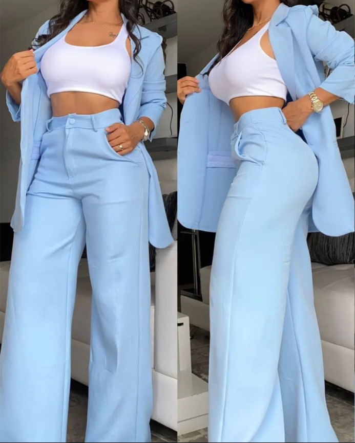 women's sets Women's and Elegant Solid Color Split Sleeve Lapel Suit Pocket Straight leg Trouser Set_voghion.com