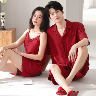 睡衣结婚新婚情侣套装夏季纯棉短袖薄款喜庆婚庆酒红色棉纱家居服