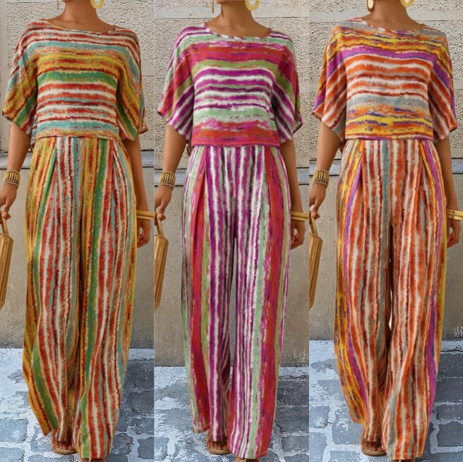 2026 Summer Fashion Casual Women's Clothing Ins Street Fashion Printed Rainbow-Colored Short-Sleeved and Long-Pants Set