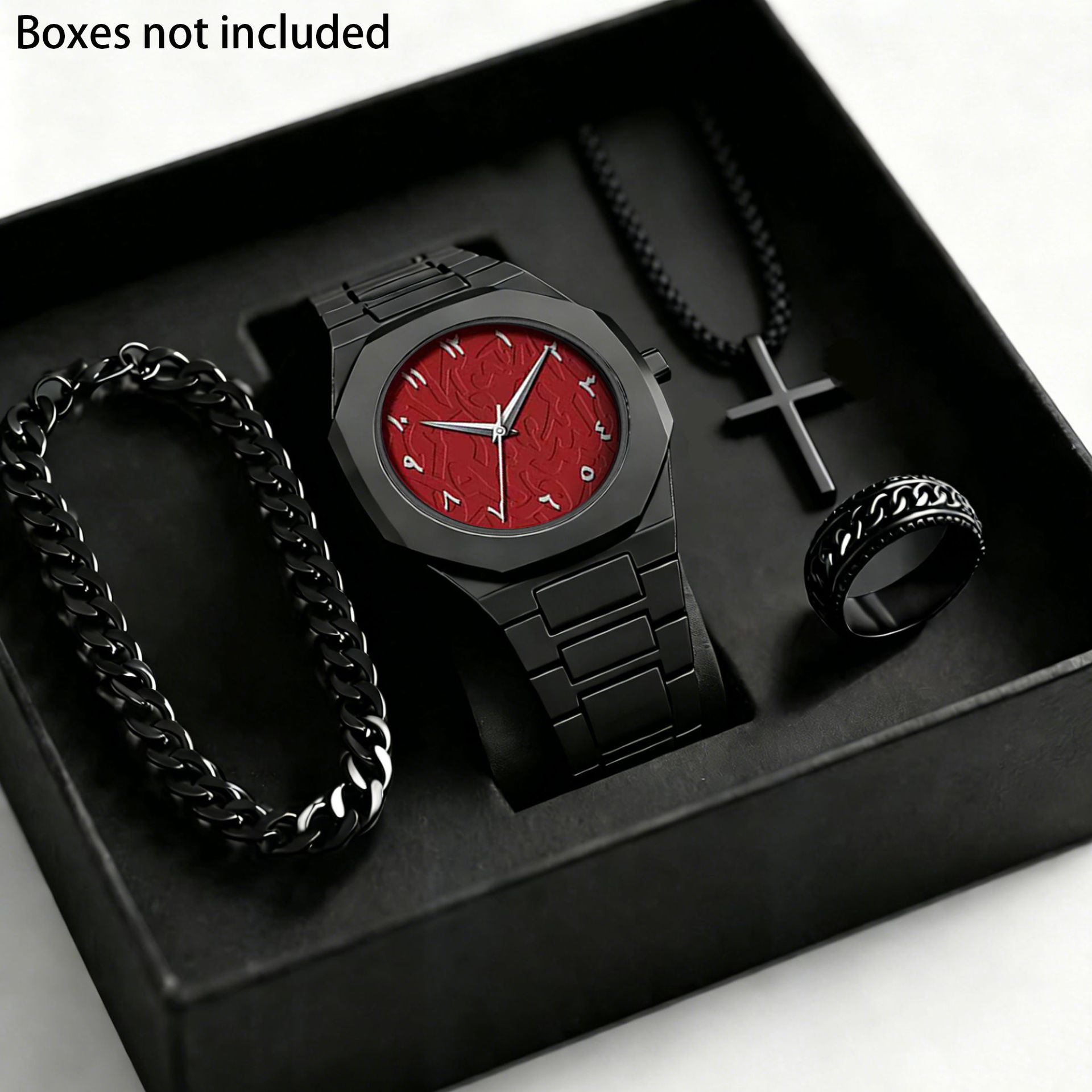 Transfronterizo explosión de moda de Oriente Medio relojes de cuarzo de moda de hombre relojes de pulsera negros anillo collar conjunto caja de regalo image 15