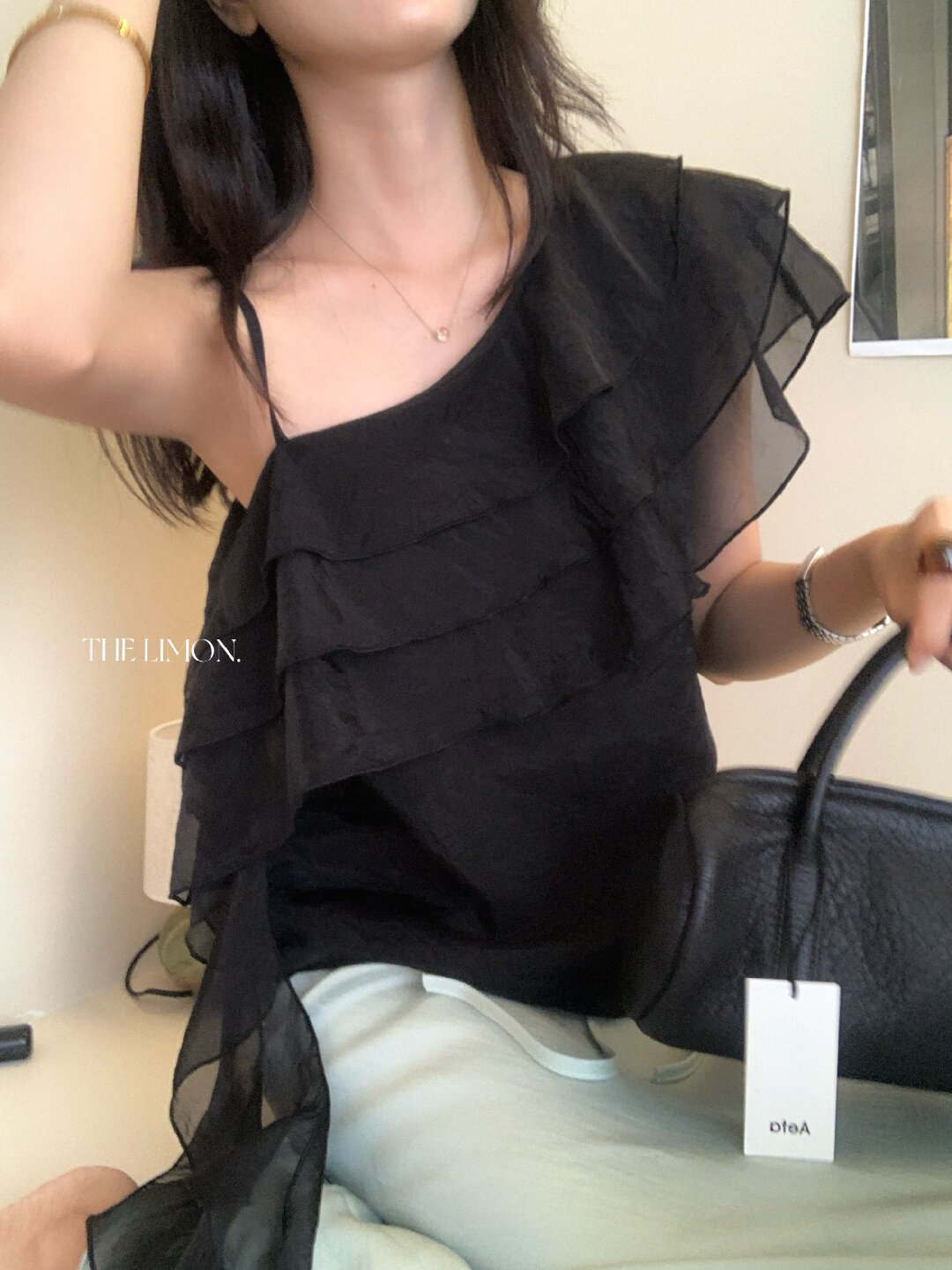 Áo sơ mi nữ một vai xếp tầng phối ren, tay ngắn, phong cách Hàn Quốc — màu đen, Màu cà phê, màu cam, màu mơ chi tiết 33