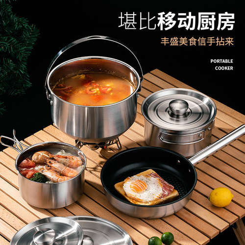 304 stainless steel pot set kitchenware outdoor pot set with storage bag portable kettle frying pan camping cookware