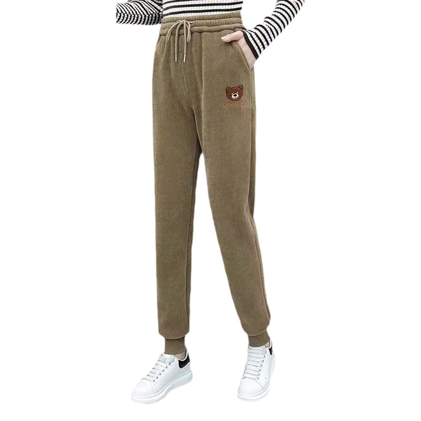 Pantalones de chándal gruesos con forro polar para mujer 2023 Otoño e Invierno pantalones atados al tobillo de cintura alta adelgazante oso bordado de pana Pantalones deportivos Casuales