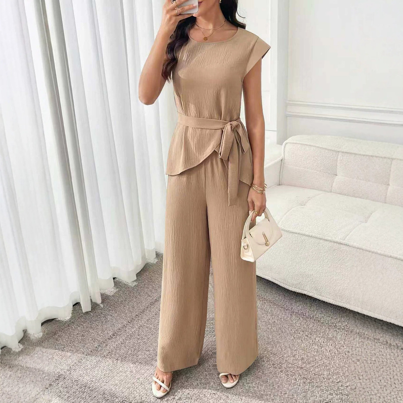 Cross-Border Tume Amazon Independent Site New Fashion Round-Neck Waist-Cinching Tie Slimming Top and Wide-Leg Pants Set with a Stylish Look Cross-Border Tume Amazon Independent Site New Fashion Round-Neck Waist-Cinching Tie Slimming Top and Wide-Leg Pants Set with a Stylish Look