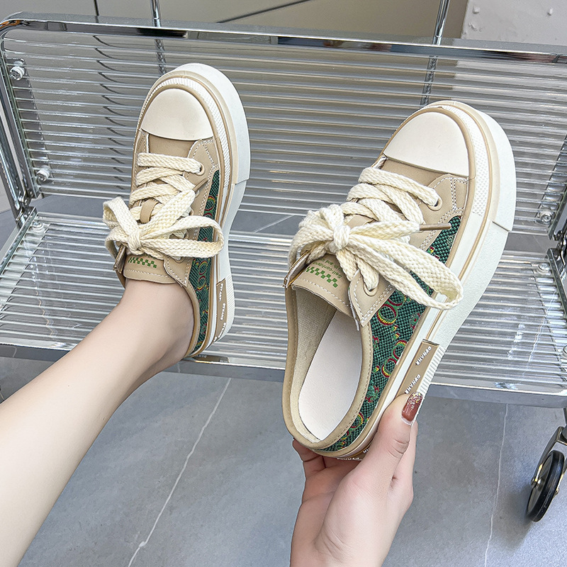 Scarpe di tela traspiranti Primavera ed estate La nuova versione coreana delle mezze pantofole Baotou da donna con fondo spesso casual sono pigre_voghion.com