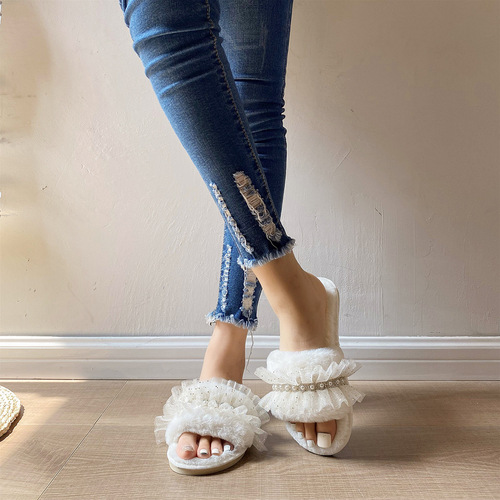 Amazon cross-border open furry slippers for women autumn and winter new home rhinestone lace floor warm cotton slippers