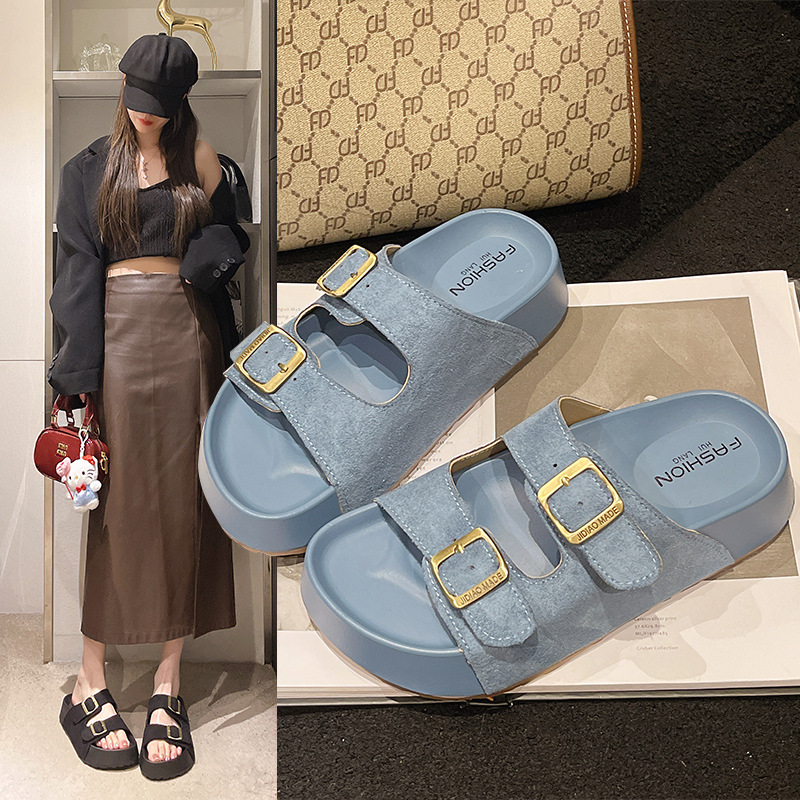 Pantoufles à semelles épaisses pour femmes, idéales pour l'extérieur, avec boucle de ceinture décontractée, sandales de plage droites à bout ouvert, tendance pour femmes._voghion.com