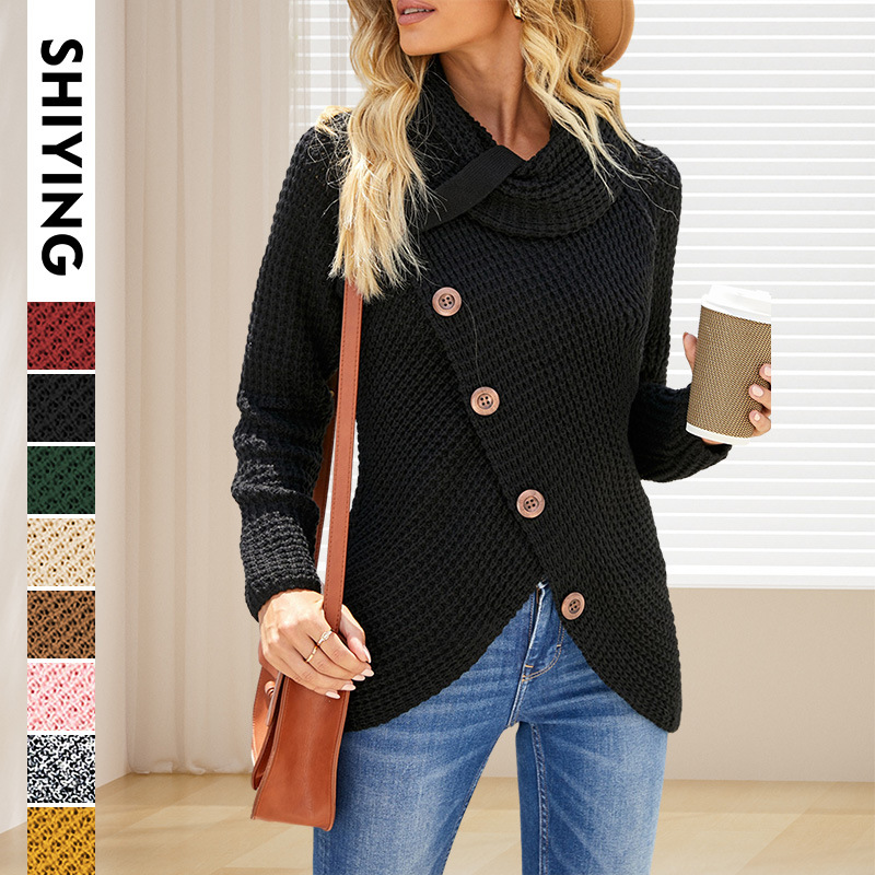 Shiying europeo y americano cuello alto piña flor suéter mujer 2023 otoño e invierno nuevo manga larga dobladillo asimétrico suéter