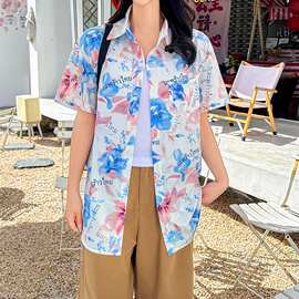 海边旅游度假风短袖花衬衫女夏威夷ins沙滩衬衣复古港风宽松上衣