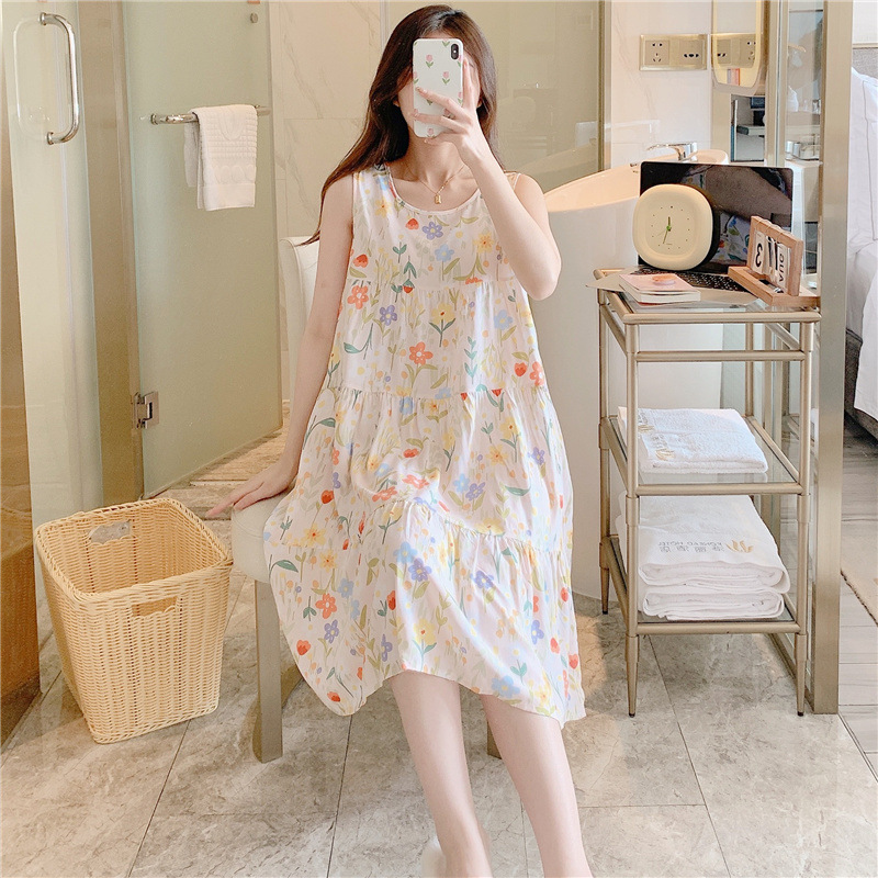 Women's Cotton Silk Nightgown, Summer Thin Style, Internet Celebrity Large Size Printed Pajamas, 2026 New Sleeveless Loungewear Wholesale