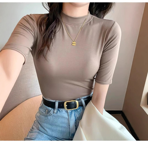 Ribbed Cotton Small Stand Collar Base Shirt for Women, 5-Button Sleeve Summer Fitted Half-Sleeve T-shirt for Women, Top