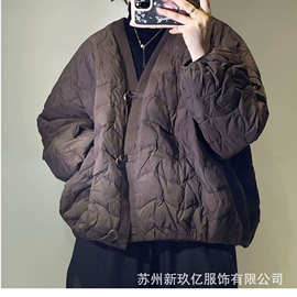 2025冬季 新款休闲气质拼接菱格90绒外套宽松盘扣白鸭绒羽绒服女