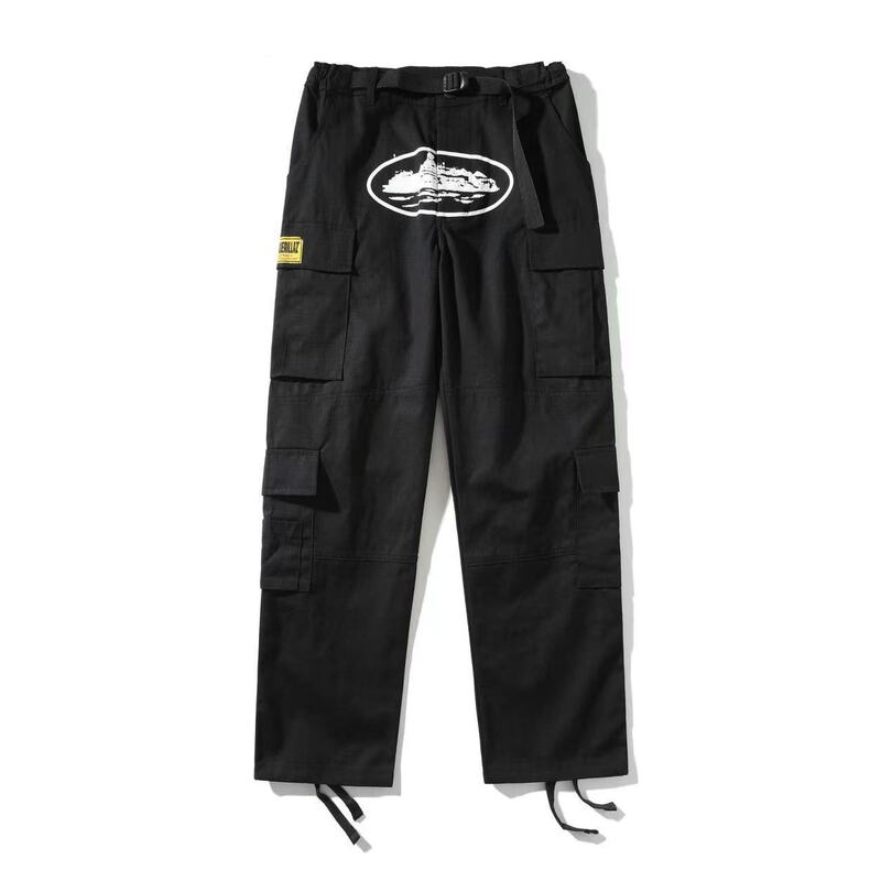 American Retro High Street Fashion Brand Hip-Hop Street Printed Casual Multi-Pocket Side Buckle Unisex Cordless Pants Ins