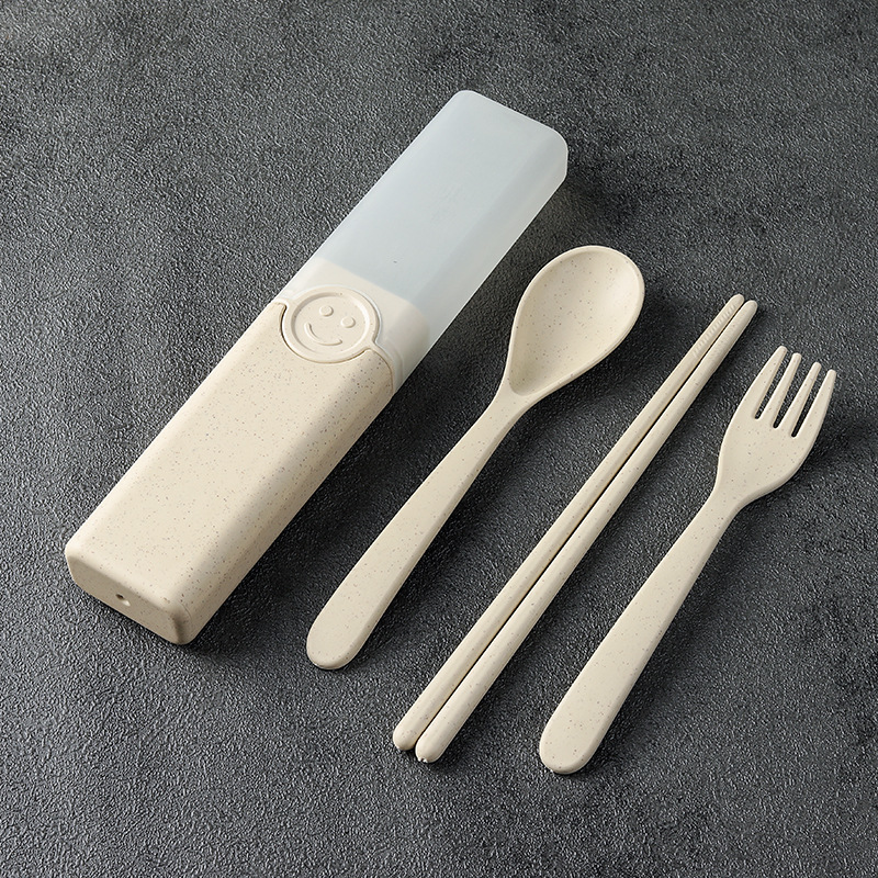 Cuchillo portátil, tenedor y cuchara conjunto de tres piezas de trigo estudiante de viaje palillos, tenedor y cuchara trabajo en caja Smiley vajilla traje logo