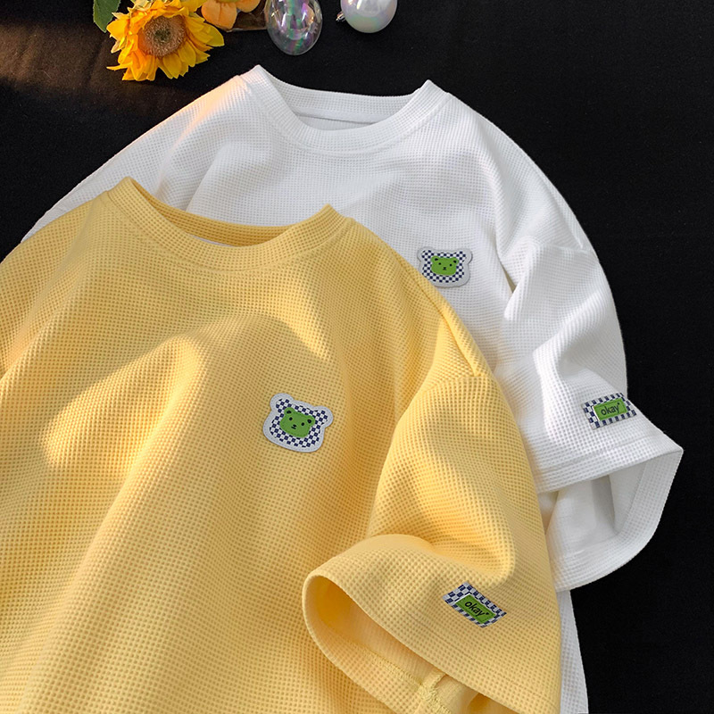 华夫格短袖t恤男夏季oversize宽松简约半袖潮牌小熊绣标情侣体恤