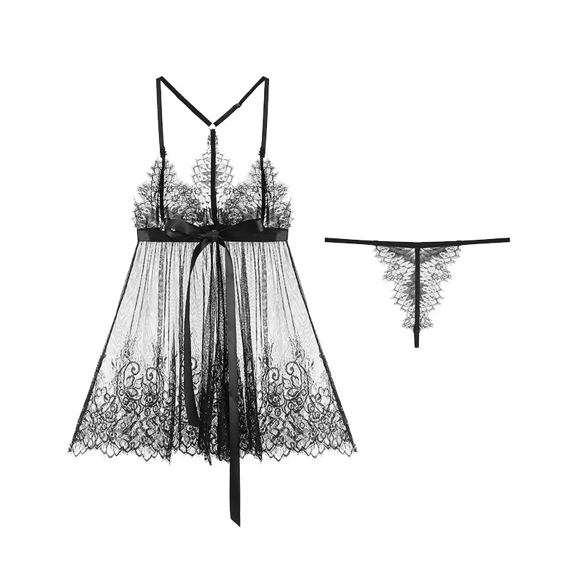 瑰若 sexy underwear sexy mesh perspective lace deep V butterfly lace pure slit women's suspender nightgown 220