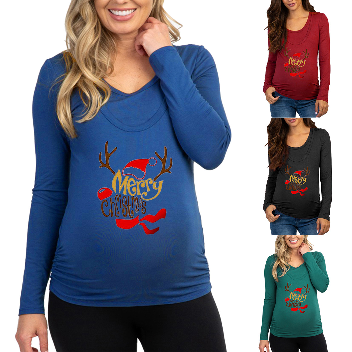 亚马逊ebay孕妇装 双圆领长袖T恤衫  圣诞印花哺乳上衣
