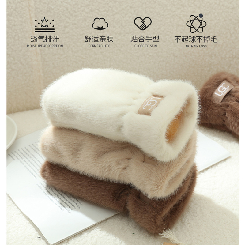 Invierno guantes de pelo de conejo de mitad de dedo femenino de peluche engrosado y veludo para montar calentado a prueba de frío de color sólido sin mangas de dedo