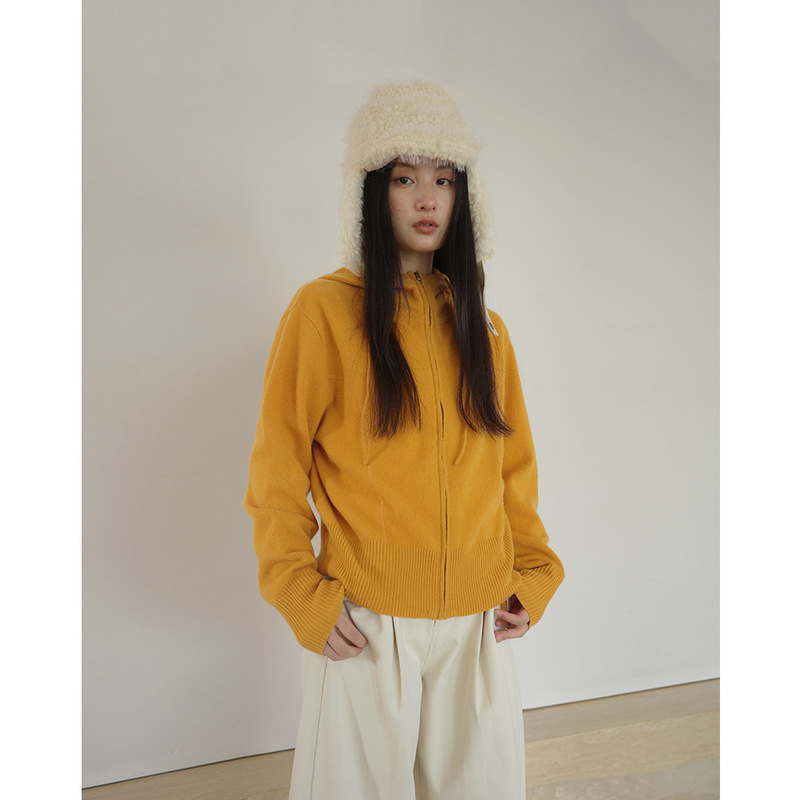 Evertrue 100% Wool Women's Autumn and Winter New Korean Style Hooded Long-Sleeved Pure Color Cardigan Top 35289