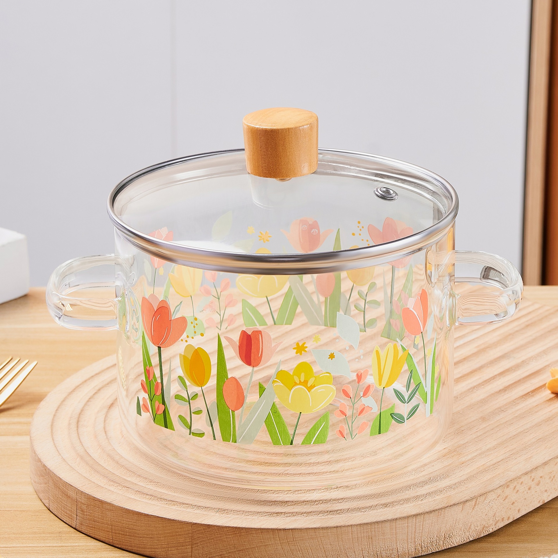 Tulip large capacity high borosilicate double-ear open flame glass heat-resistant instant noodle bowl with lid for cooking large dormitory noodle soup pot