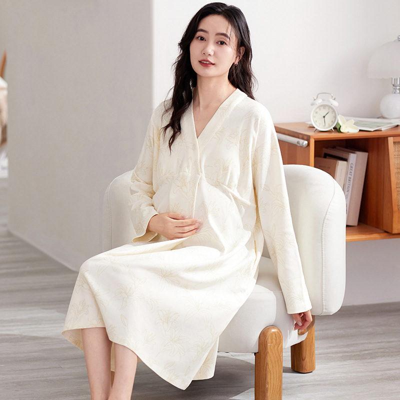 Pregnant Women's Nightgown with Chest Pad Mid-length Dress for Propriecy Cardigan Maternity Dress Maternity Examination Skirt Nursing Skirt dress Cotton