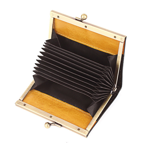 First layer oil wax cowhide retro men's clip ID card holder women's business card bag genuine leather accordion card bag multiple card slots