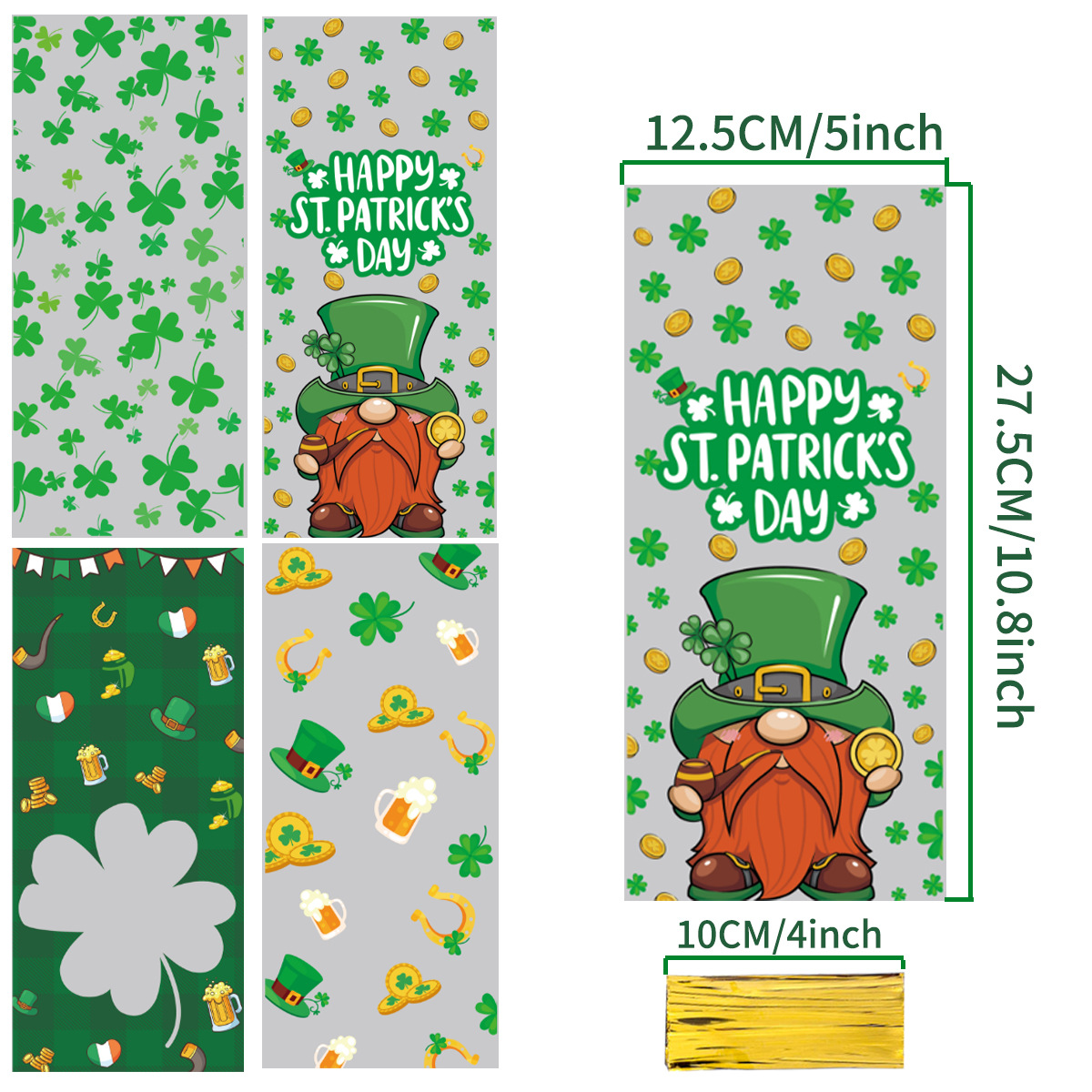 Bolsas de regalo del día de Irlanda Amazon nuevas bolsas de vinos de cuatro hojas monedas de oro de papel de vidrio dulces bolsas de alimentos