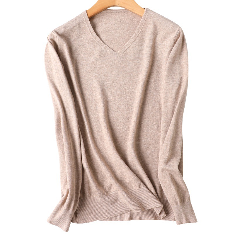Otoño e Invierno nuevo estilo occidental con cuello en V color sólido manga larga suéter de fondo interior simple desgaste exterior suéter de cuello de pollo para mujeres