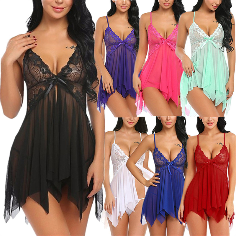 Cross-border foreign trade Europe and the United States Amazon source sexy perspective mesh front opening and closing nightgown ladies suspenders sexy underwear