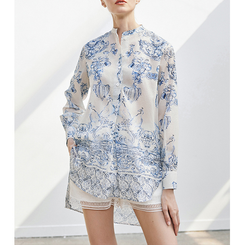 New Chinese Style Blue and White Porcelain Stand Collar Long-Sleeved Shirt Summer New 2025 National Style Printed Top Light Shirt for Women New Chinese Style Blue and White Porcelain Stand Collar Long-Sleeved Shirt Summer New 2025 National Style Printed Top Light Shirt for Women