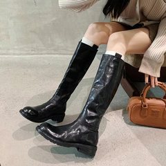 葡萄媽秋冬新款後拉鏈復古做舊高筒顯瘦長筒靴粗跟厚底騎士靴女