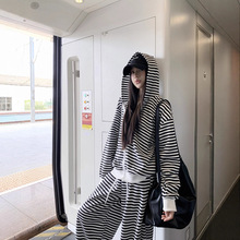 美式复古慵懒风宽松条纹长袖连帽卫衣休闲裤2025秋季新款套装女潮