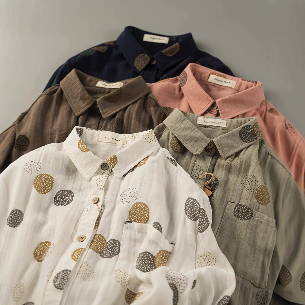 Японская двухслойная хлопковая пряжа с принтом с длинными рукавами