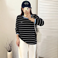 【包邮】大码女装撞色条纹衫女圆领长袖上衣2025秋款胖mm针织衫
