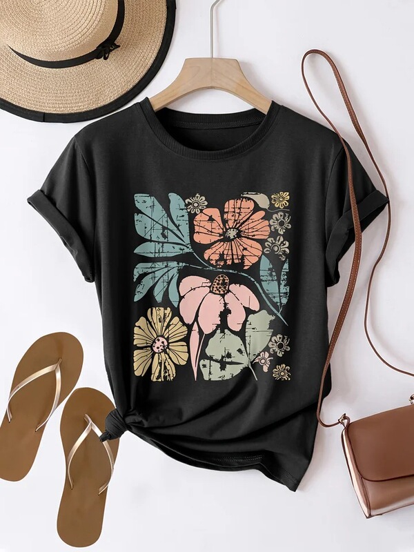 Women's Printed T-Shirt Casual Crew Neck Short-Sleeve Top Knitted Fabric Regular Length All-Season Fashion Clothing