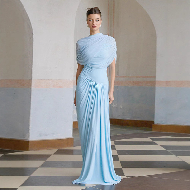 2025 Europe and the United States cross-border spring and summer new temperament socialite waist pleated dress long skirt women's evening dress 2025 Europe and the United States cross-border spring and summer new temperament socialite waist pleated dress long skirt women's evening dress
