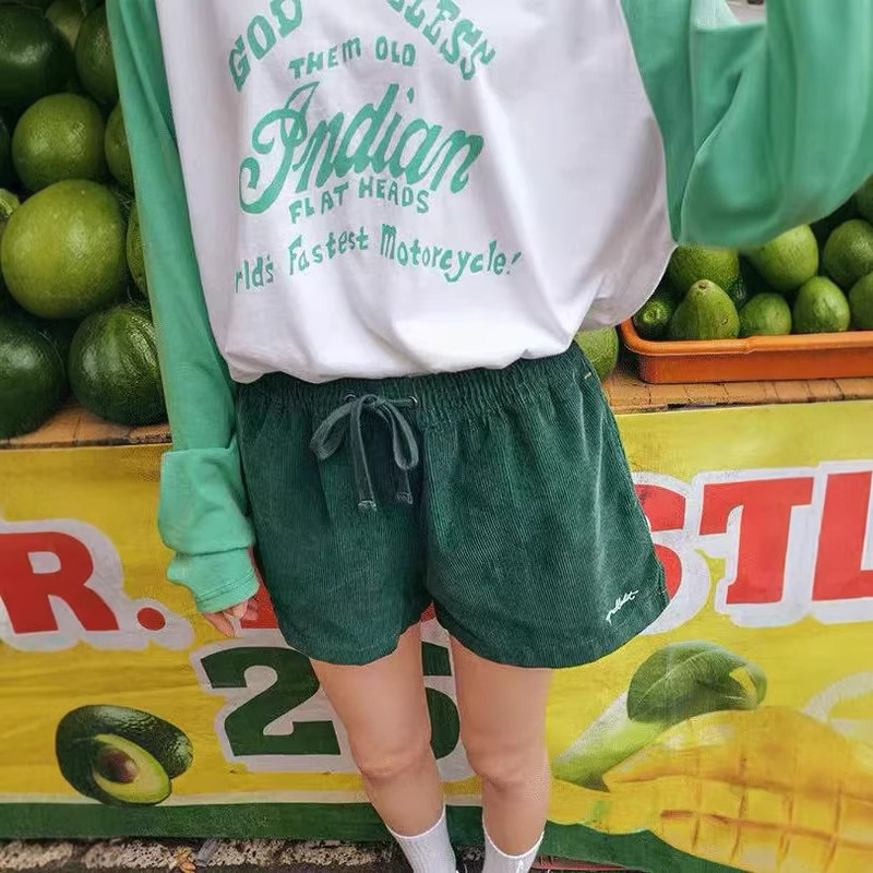 In Stock! Spell 2026 Spring New Corduroy Elastic Waist Shorts Retro Loose Drawstring Casual Pants