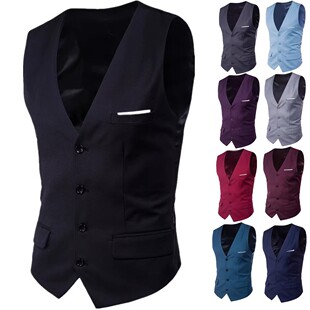 Foreign Trade Cross-border Spring and Autumn Men's Slim-fit Korean Vest V-neck Single-breasted Fake Pocket Suit Men's Fashionable Vest