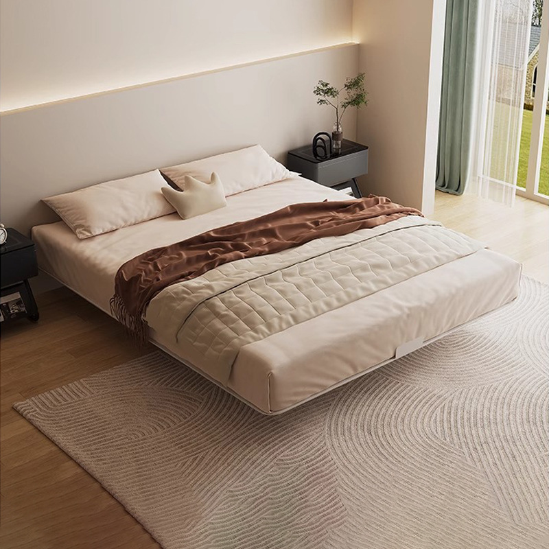 Diseñador marco de cama de acero al carbono blanco dormitorio de apartamento pequeño cama sin cabeza cama flotante sin respaldo