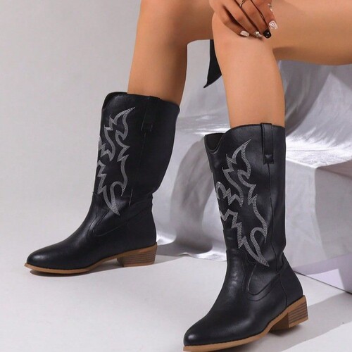  Cross-border Mid-Calf Embroidered Martin Boots for Women, Ethnic-style Fashion Boots for Ladies, Embroidered Chunky-Heel Long Boots for Women