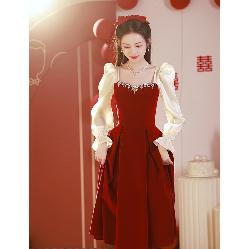 2026 New Style Bride's Burgundy Dress, Can Be Worn Casually, with Sheer Sleeves, Engagement Dress, Wedding Dress for the Bride's Departure Ceremony