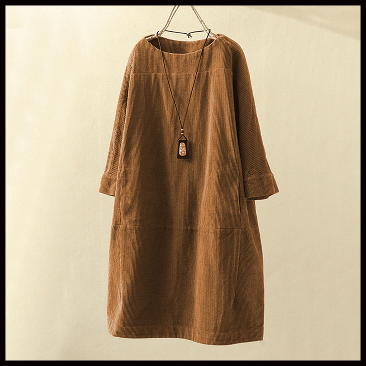Autumn and Winter New Corduroy Retro Pure Color Dress Loose Dress Fat Sister Plus Size Women's High-End Gray