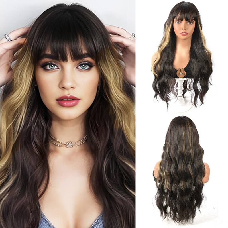 European and American Foreign Trade Temu Cross-Border Bangs Long Curly Hair Elegant Fashion High Temperature Silk Wig Female Full Headgear Manufacturer Wholesale
