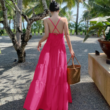 2023新款旅游度假裙海边沙滩裙粉色超仙挂脖露背连衣裙