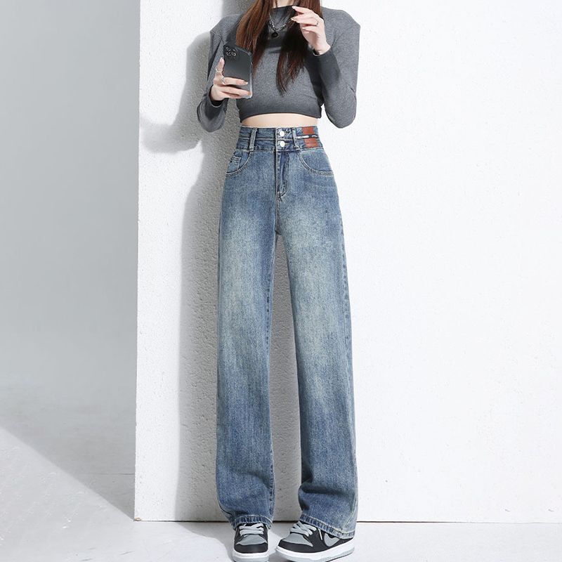 Versatile High-Waisted Double-Button Wide-Leg Straight Jeans for Women, Spring and Autumn New Style, Tall and Slim, Loose and Slim Jeans